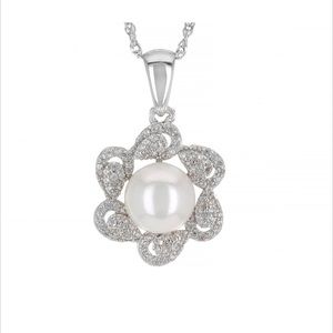 White cultured Japanese Akoya Pearl & White Zircon, Rhodium/Silver Necklace